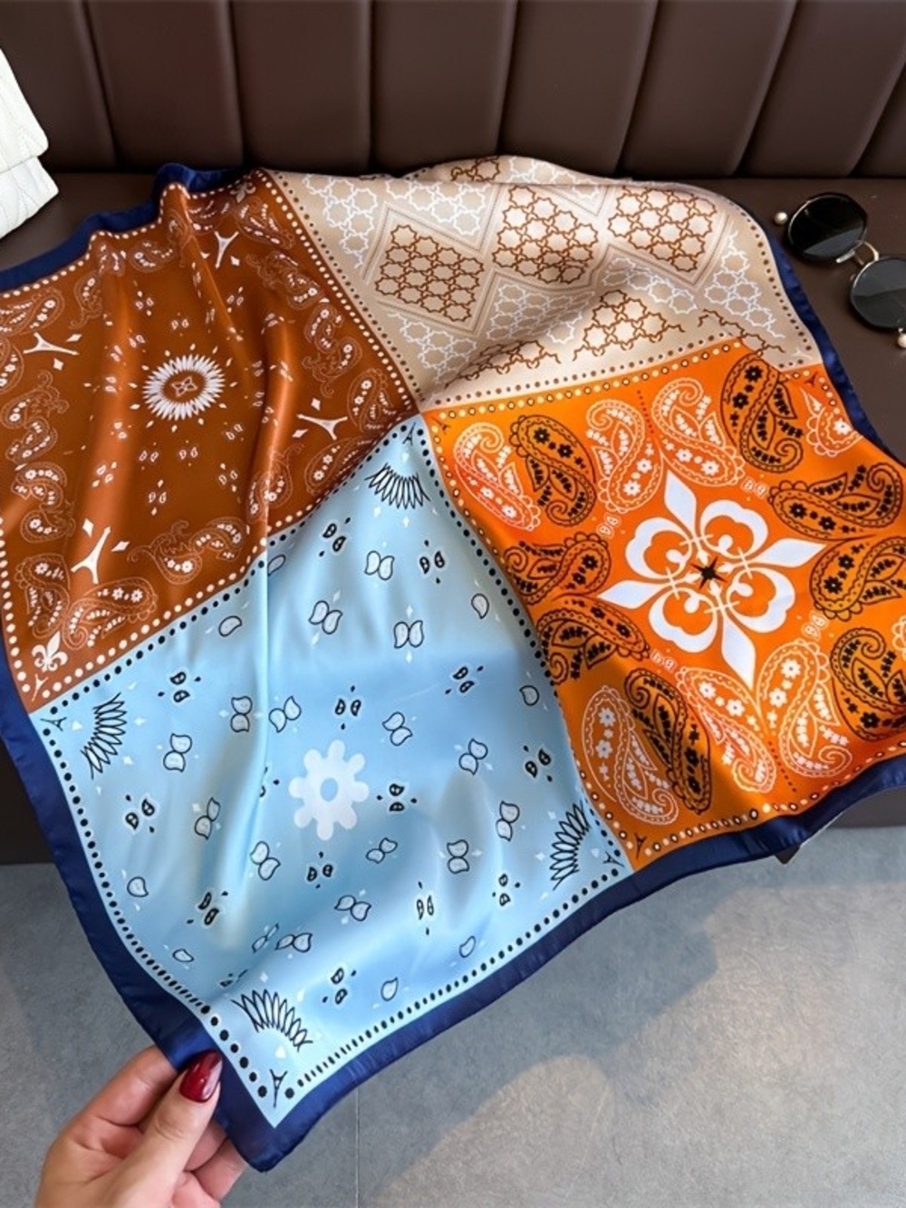 Silk-feel Patchwork Satin Bandana Scarf in Blue, Orange, Brown, Cream